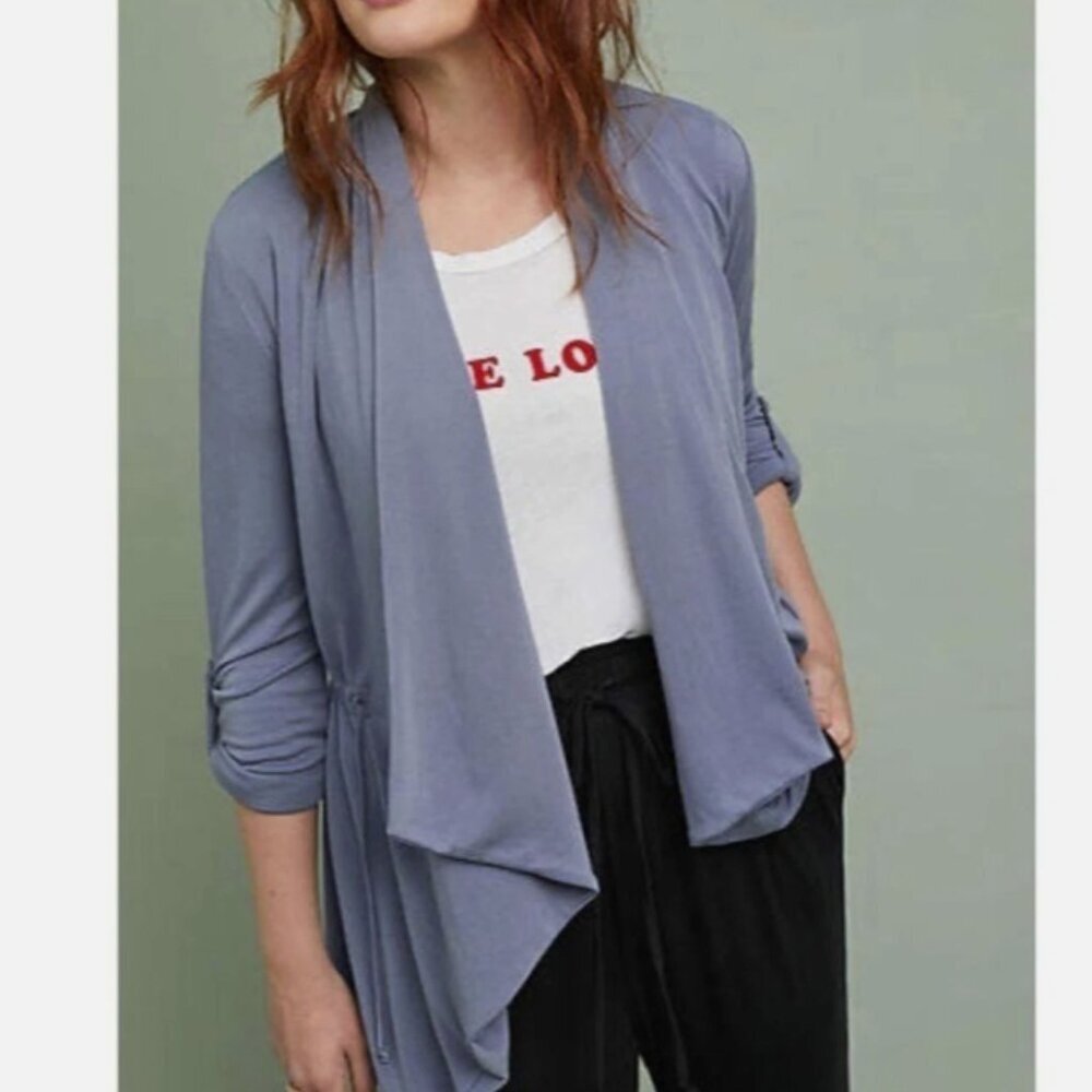 New Ella‎ Mara Anthropologie Large Blue Gray Draped Knit Cardigan Chic Elegant